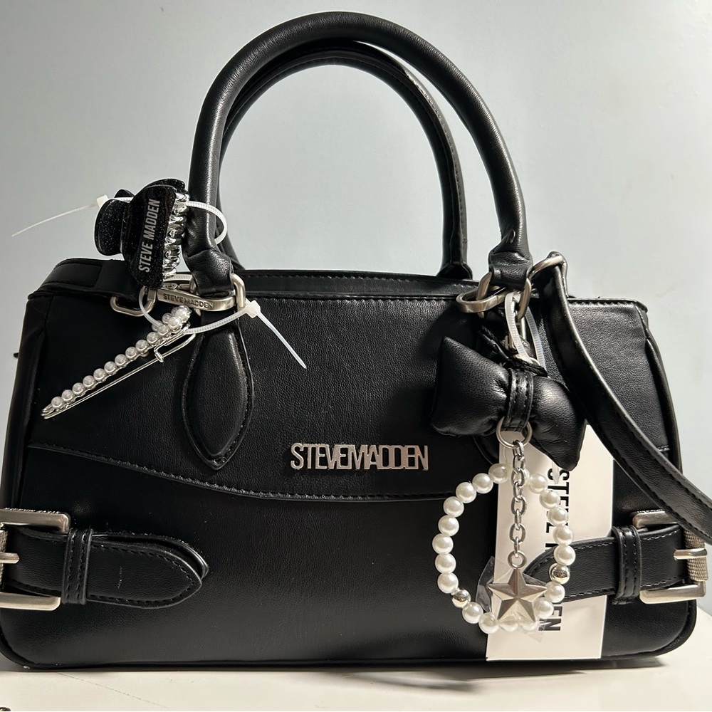 Steve Madden Black Leather Satchel with Pearl & Star Charm